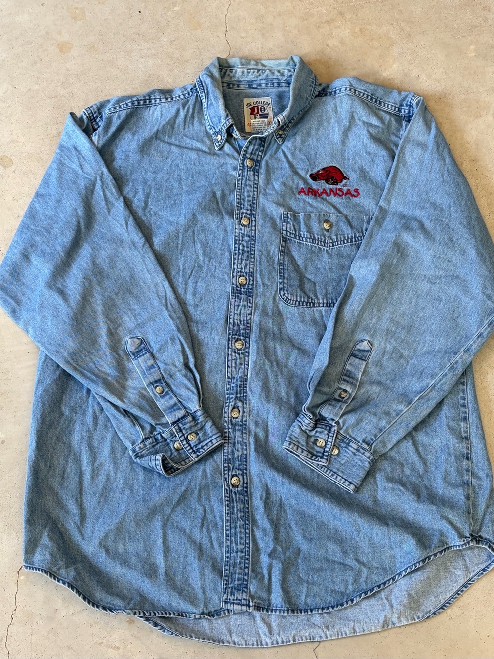 Vintage Joe College Arkansas Razorbacks Denim Shirt Button Down Mens Large